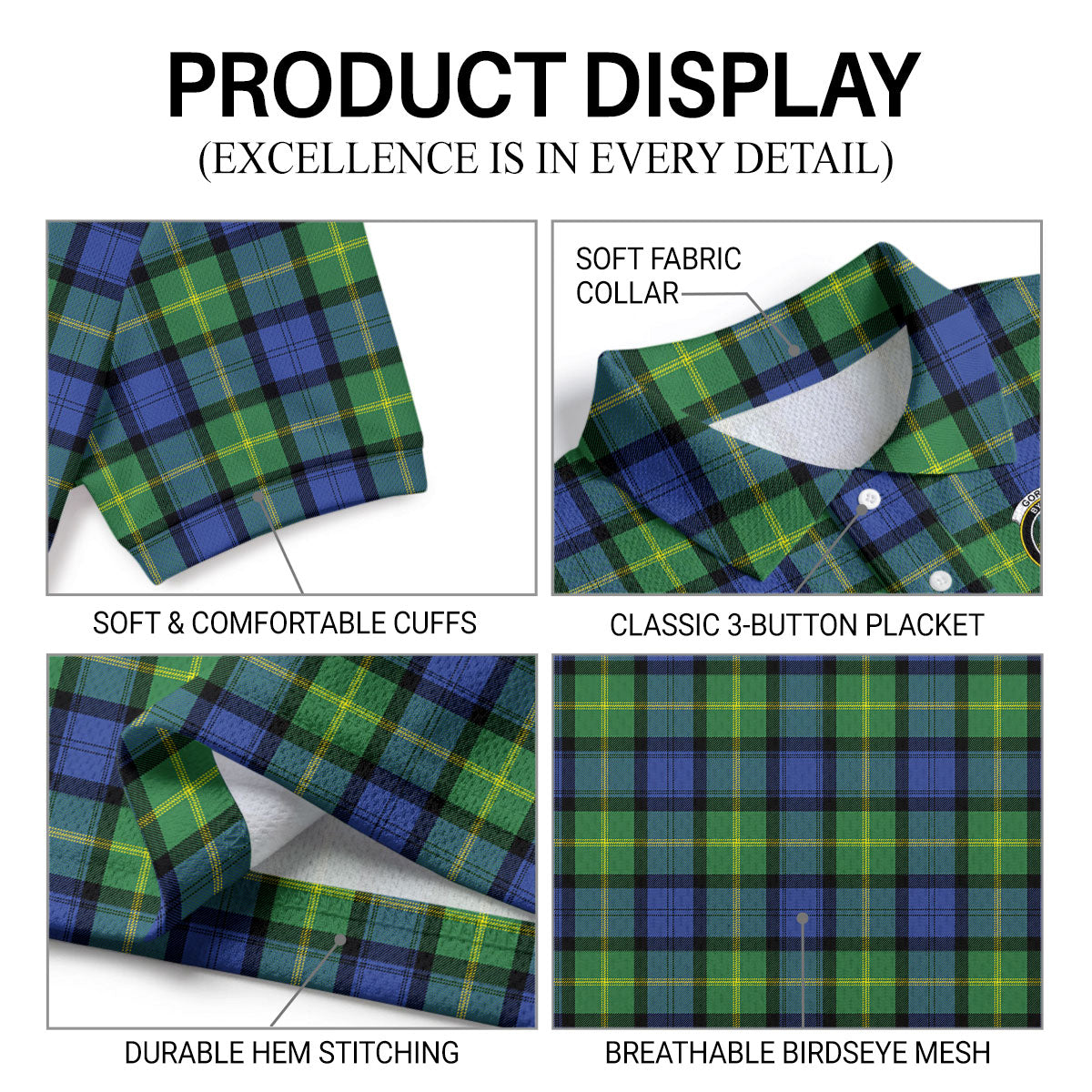 Gordon Old Ancient Tartan Crest Birdseye Mesh Polo Shirt