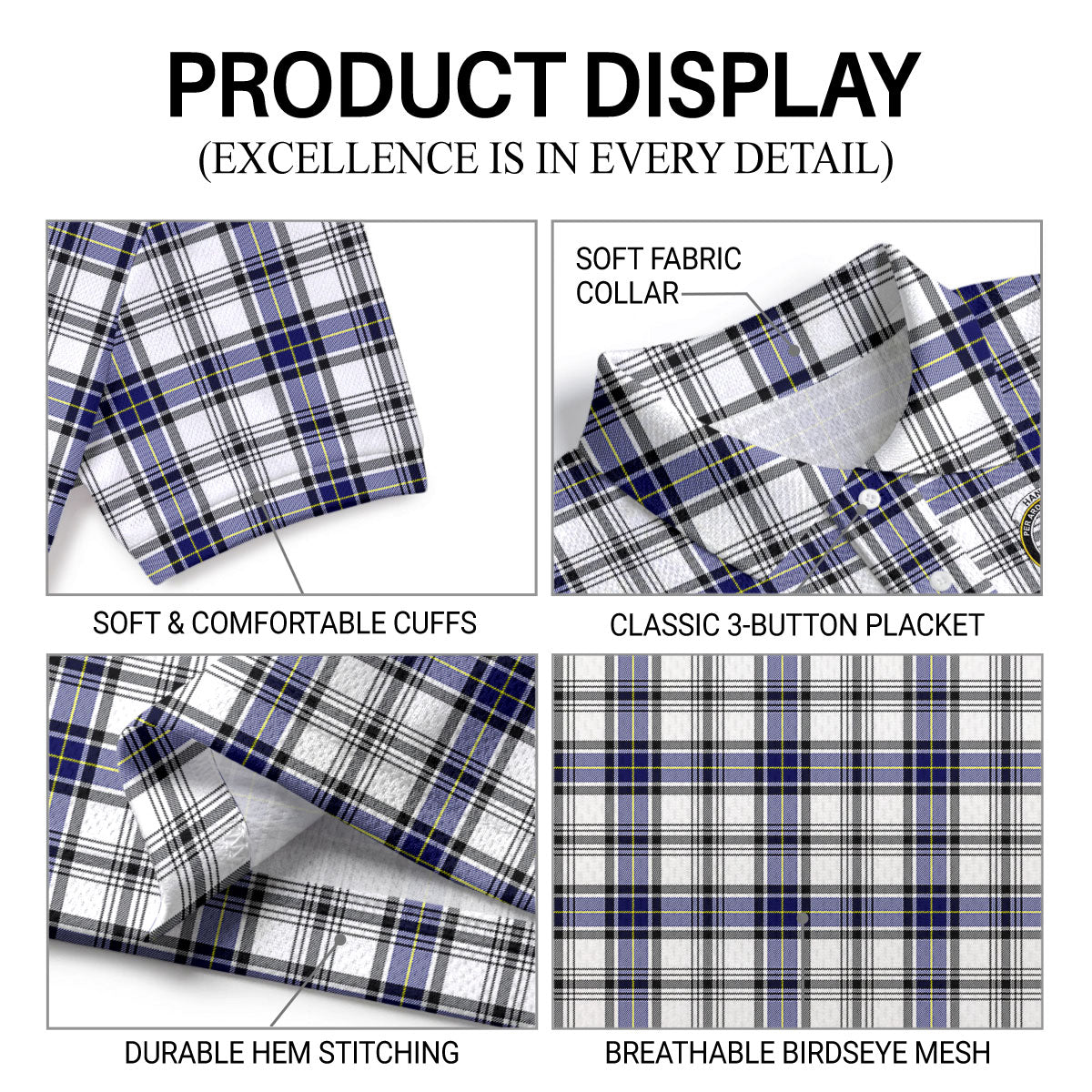 Hannay Modern Tartan Crest Birdseye Mesh Polo Shirt