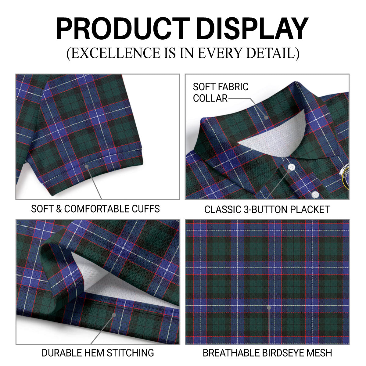 Hunter Modern Tartan Crest Birdseye Mesh Polo Shirt