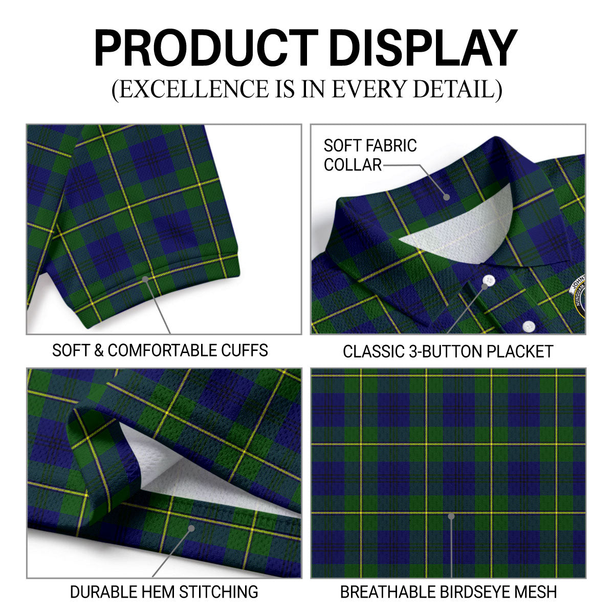 Johnstone Modern Tartan Crest Birdseye Mesh Polo Shirt