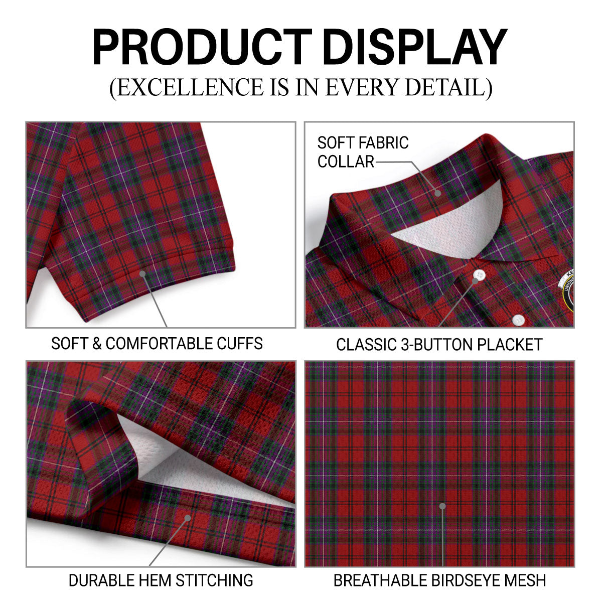 Kelly of Sleat Red Tartan Crest Birdseye Mesh Polo Shirt