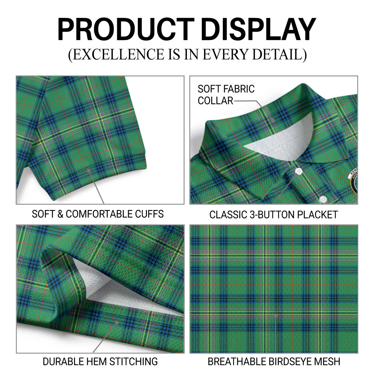 Kennedy Ancient Tartan Crest Birdseye Mesh Polo Shirt
