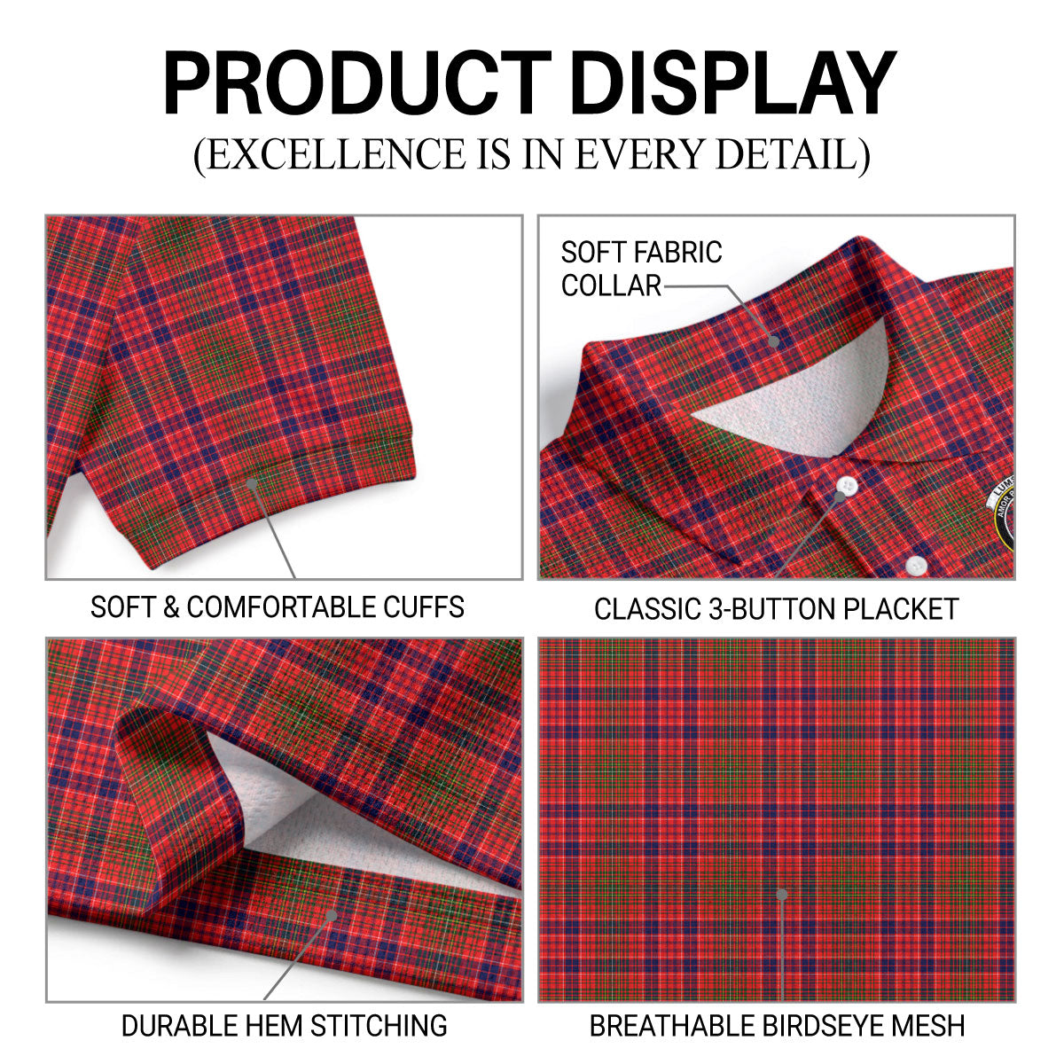 Lumsden Modern Tartan Crest Birdseye Mesh Polo Shirt
