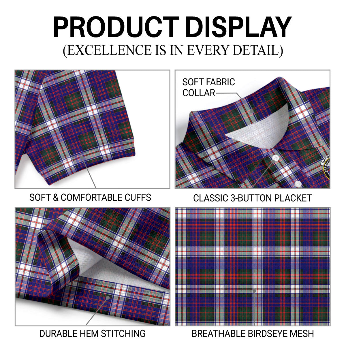 MacDonald Dress Modern Tartan Crest Birdseye Mesh Polo Shirt