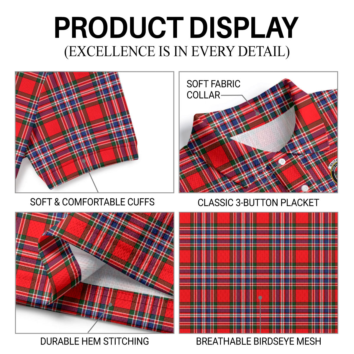 MacFarlane Modern Tartan Crest Birdseye Mesh Polo Shirt