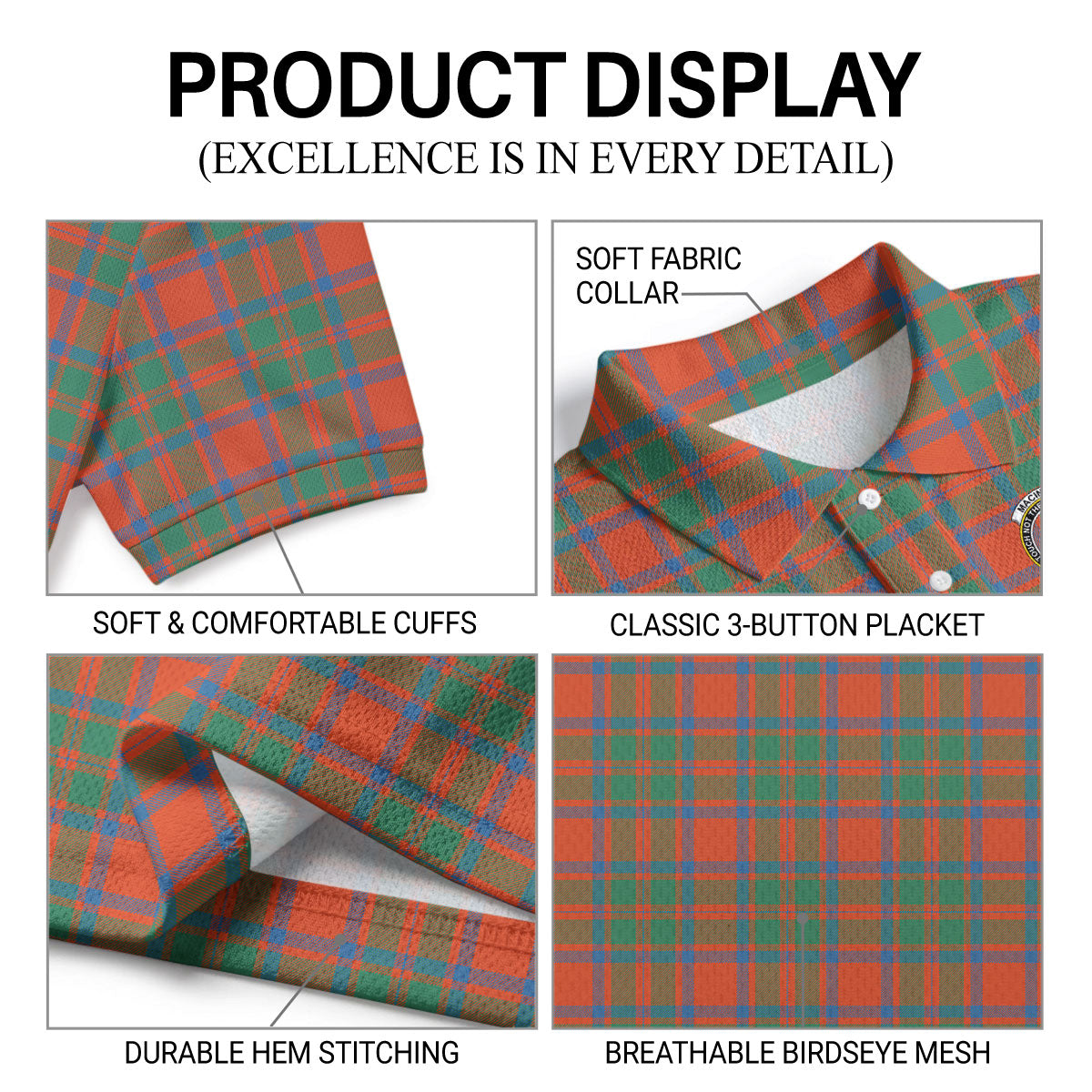 MacIntosh Ancient Tartan Crest Birdseye Mesh Polo Shirt