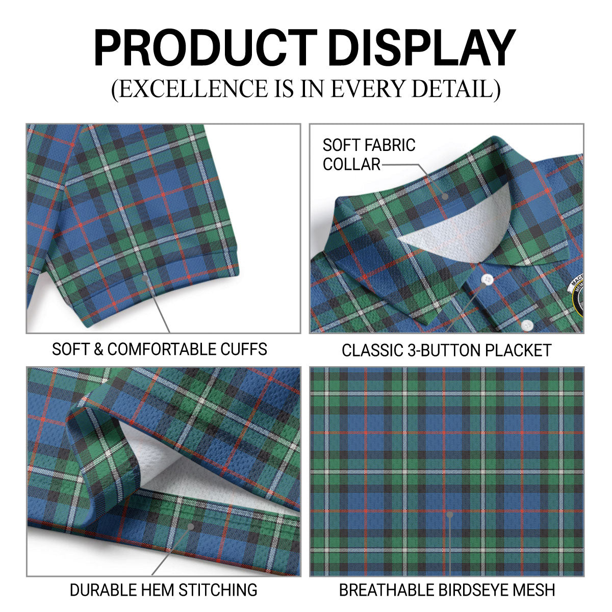 MacPhail Hunting Ancient Tartan Crest Birdseye Mesh Polo Shirt
