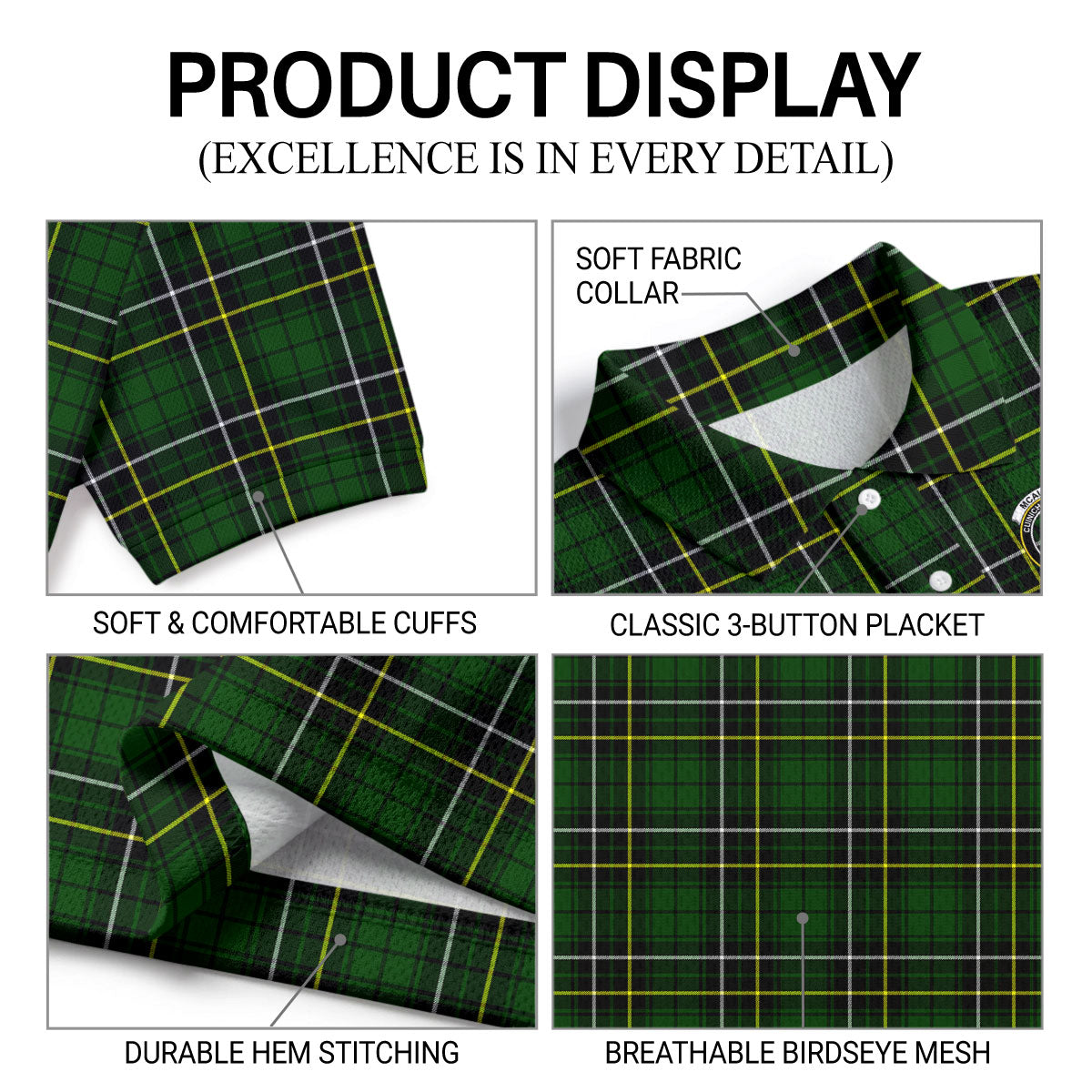 McAlpine Modern Tartan Crest Birdseye Mesh Polo Shirt