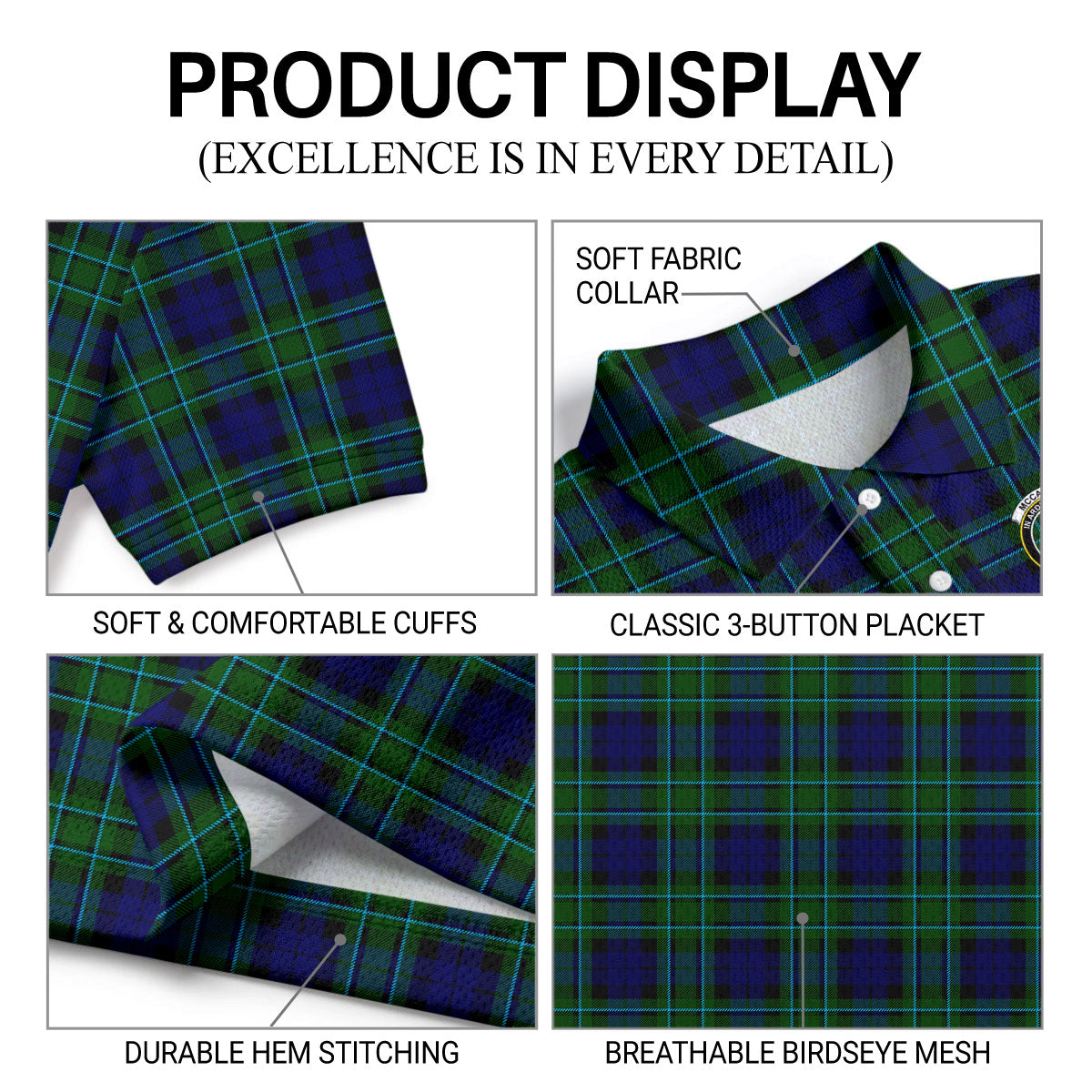 McCallum Modern Tartan Crest Birdseye Mesh Polo Shirt
