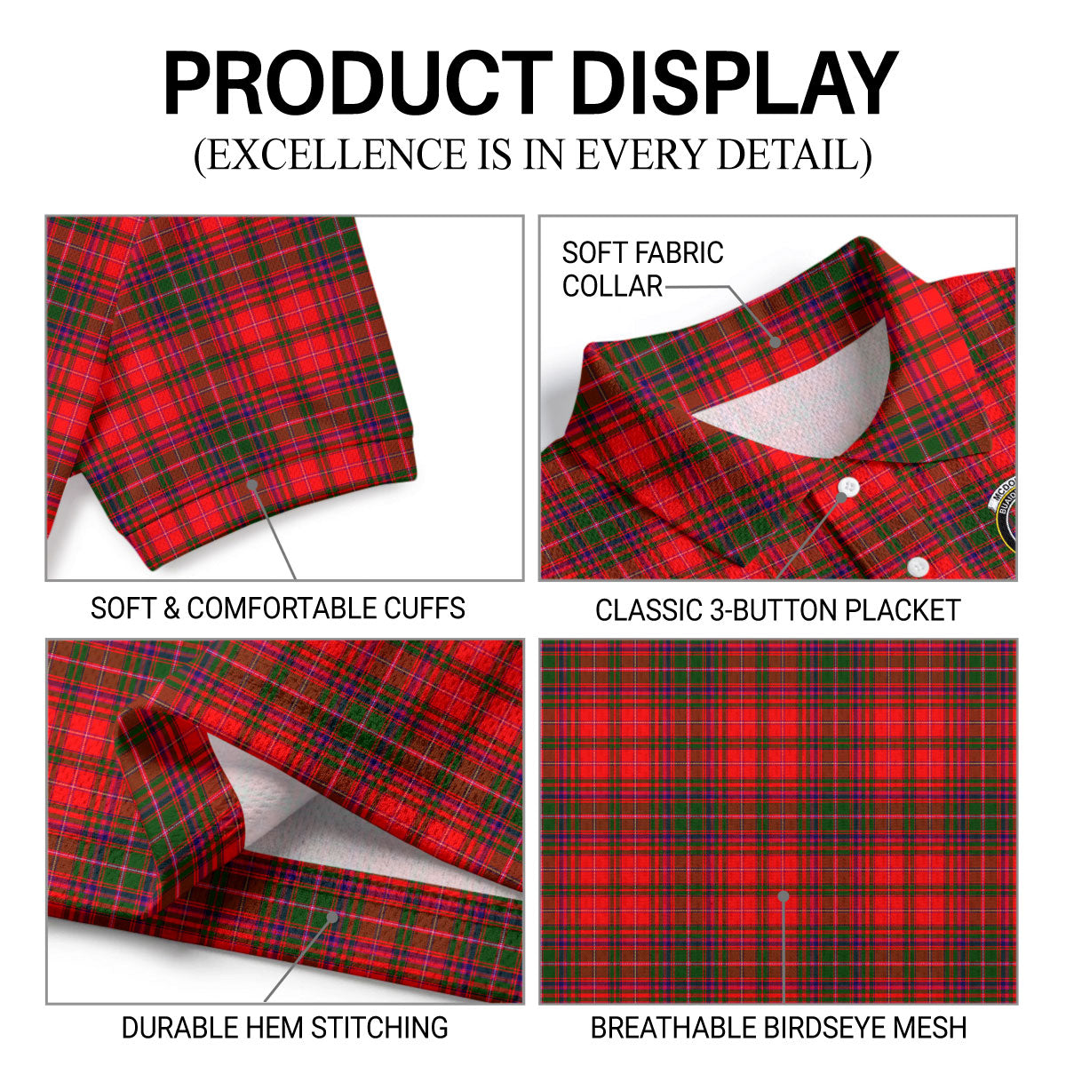 McDougall Modern Tartan Crest Birdseye Mesh Polo Shirt