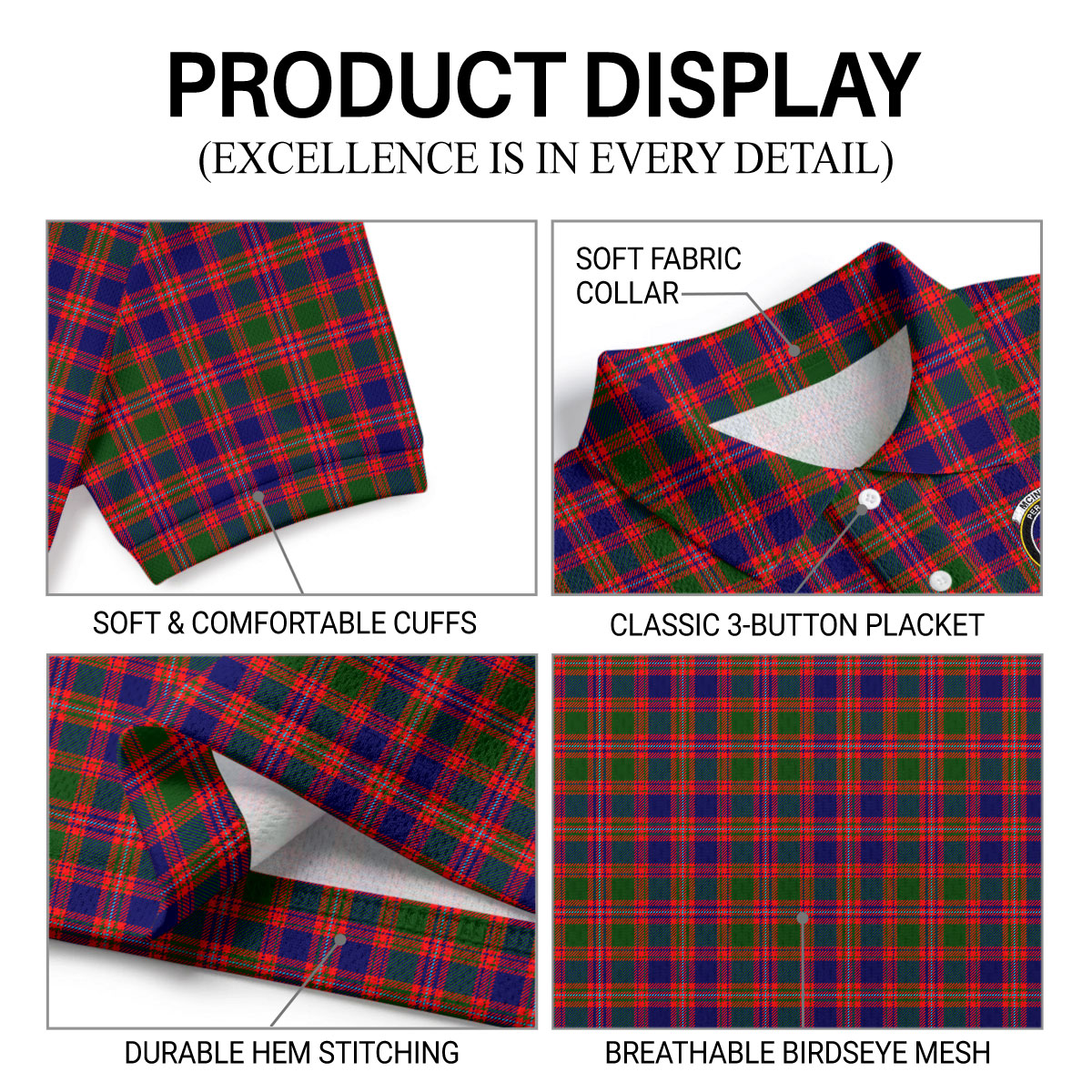 McIntyre Modern Tartan Crest Birdseye Mesh Polo Shirt