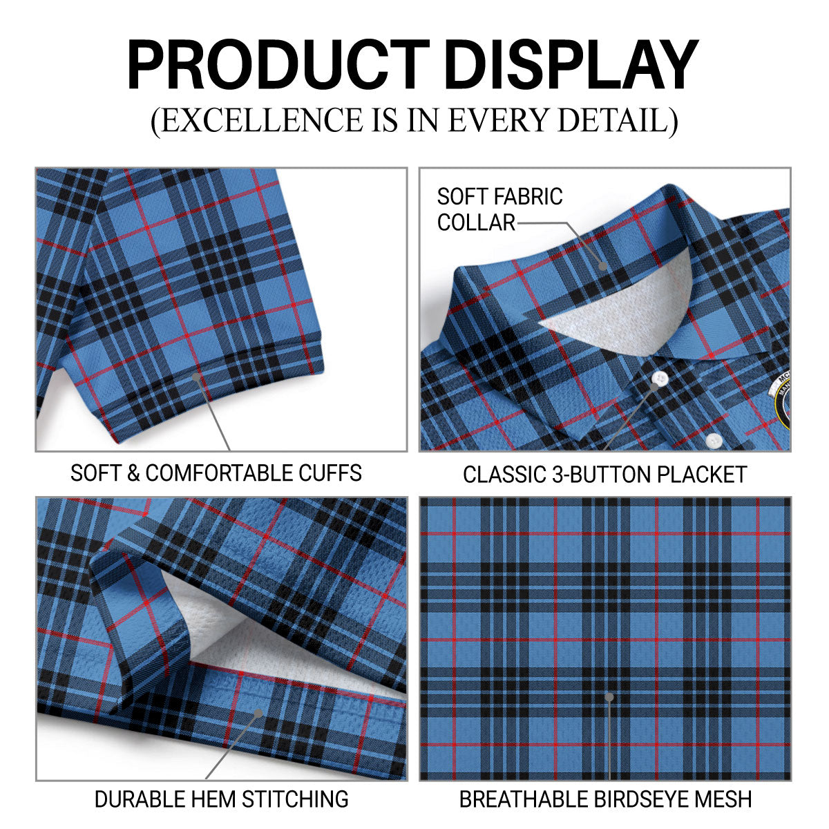 McKay Blue Tartan Crest Birdseye Mesh Polo Shirt