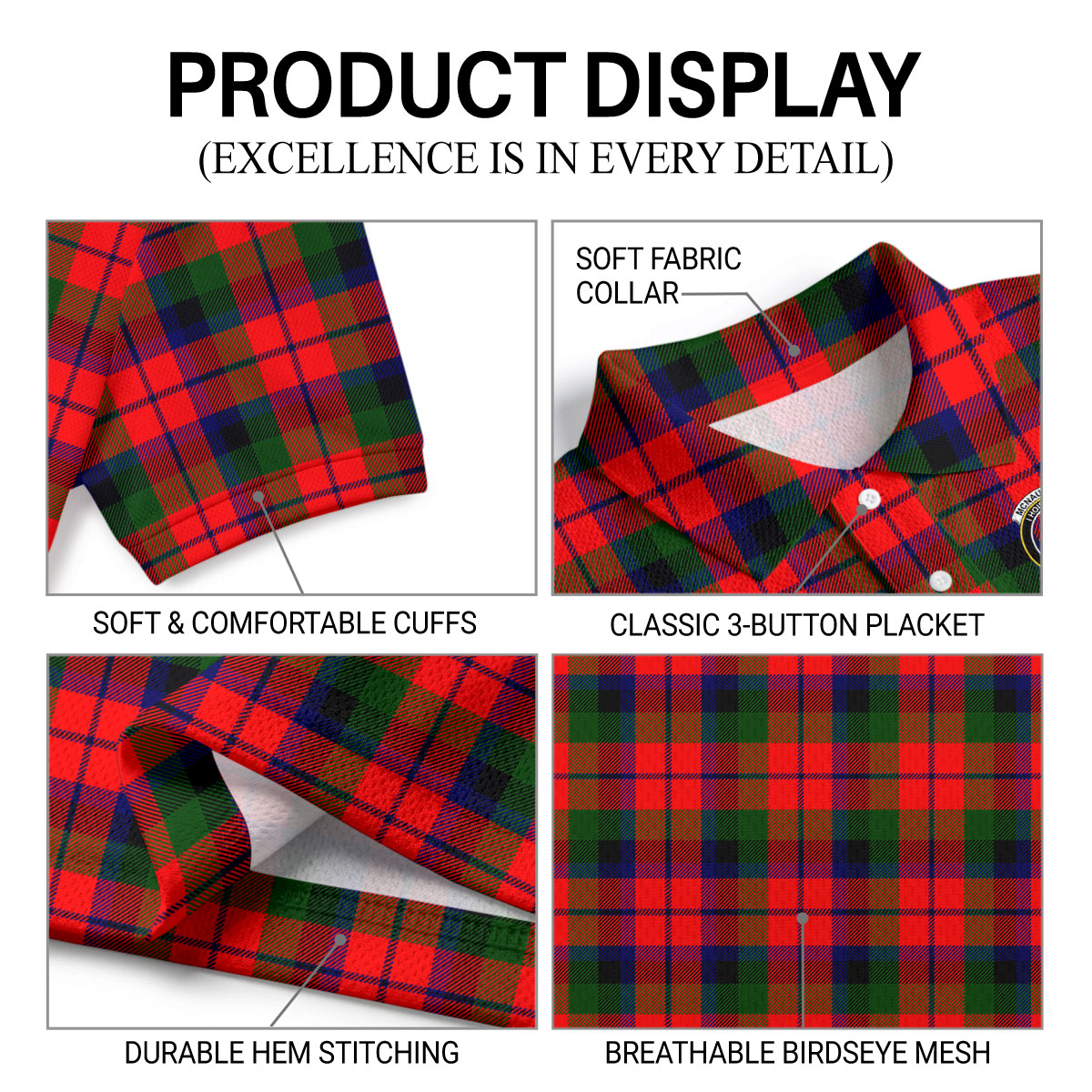 McNaughton Modern Tartan Crest Birdseye Mesh Polo Shirt