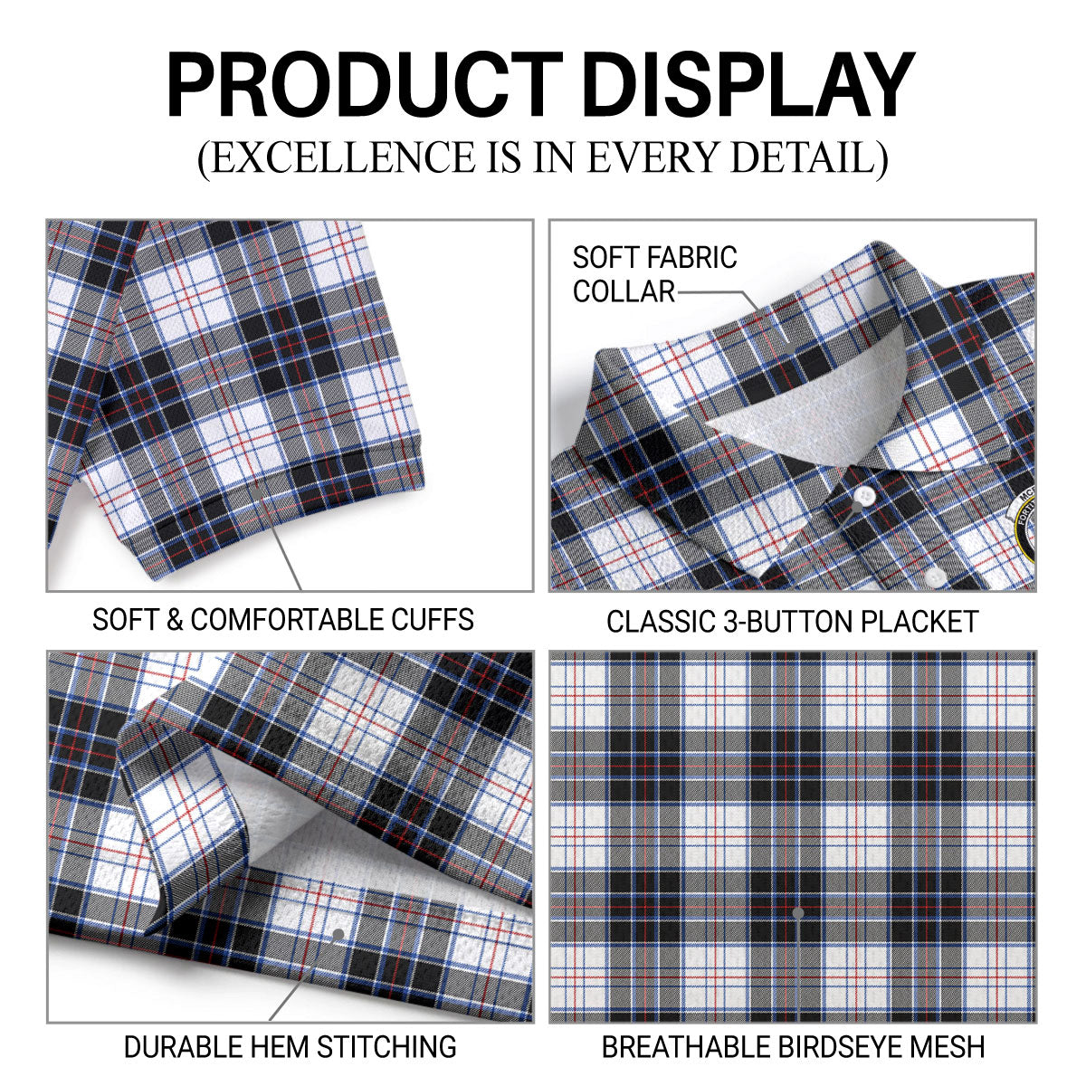 McRae Dress Modern Tartan Crest Birdseye Mesh Polo Shirt