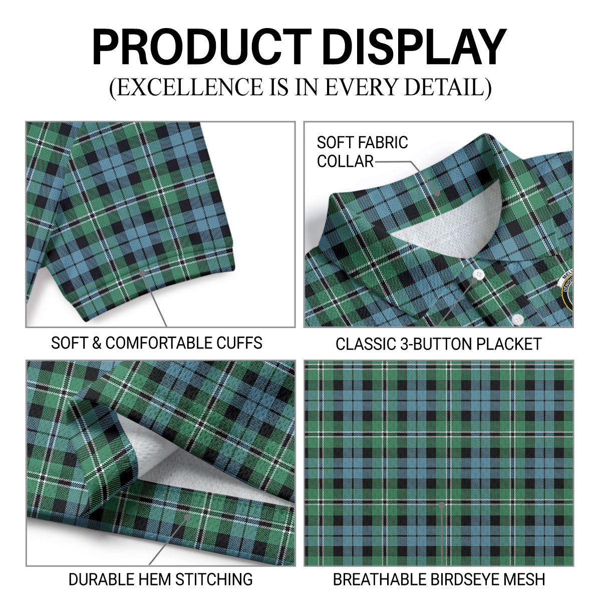 Melville Tartan Crest Birdseye Mesh Polo Shirt
