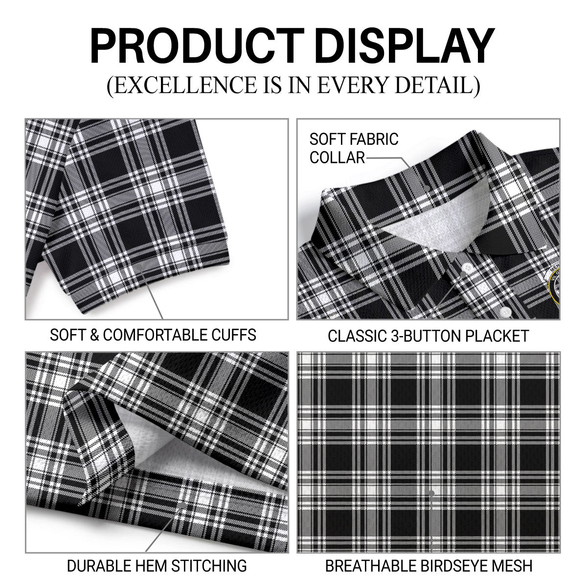 Menzies Black - White Modern Tartan Crest Birdseye Mesh Polo Shirt