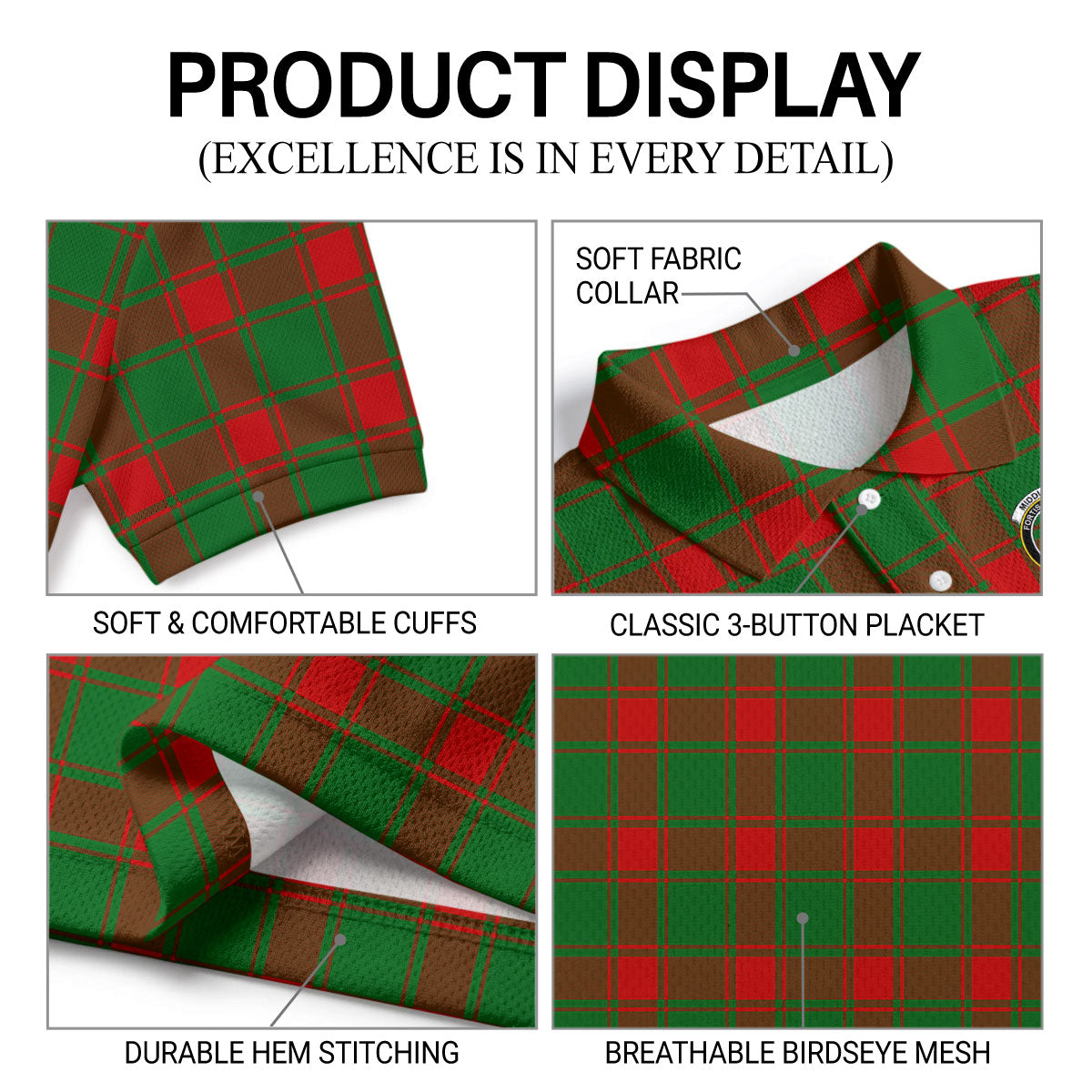 Middleton Modern Tartan Crest Birdseye Mesh Polo Shirt