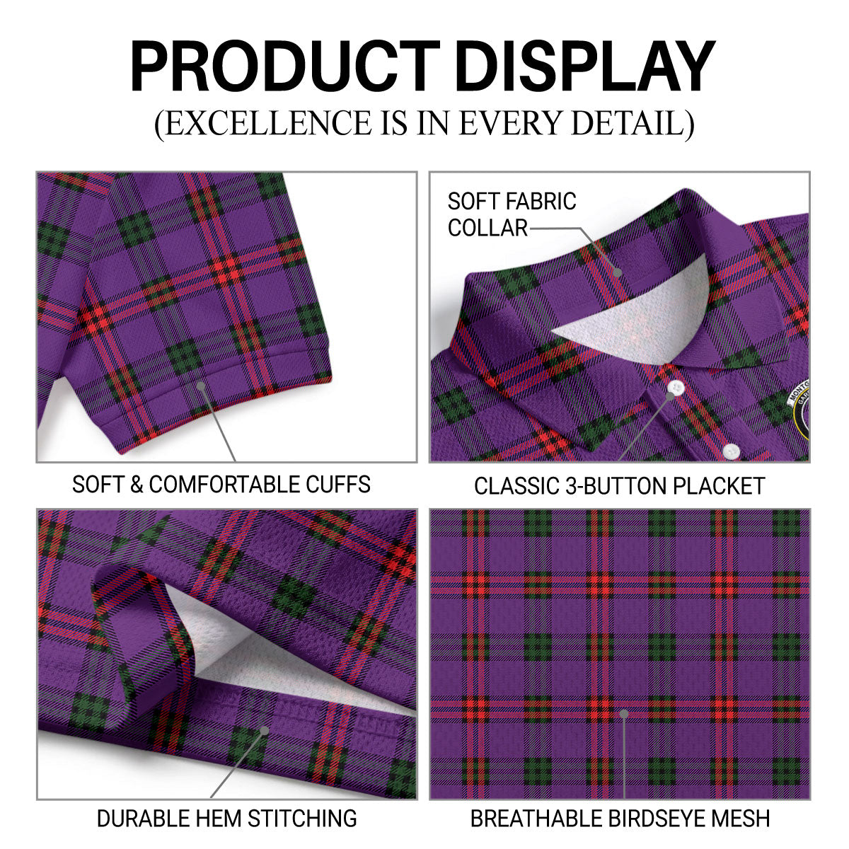 Montgomery Modern Tartan Crest Birdseye Mesh Polo Shirt