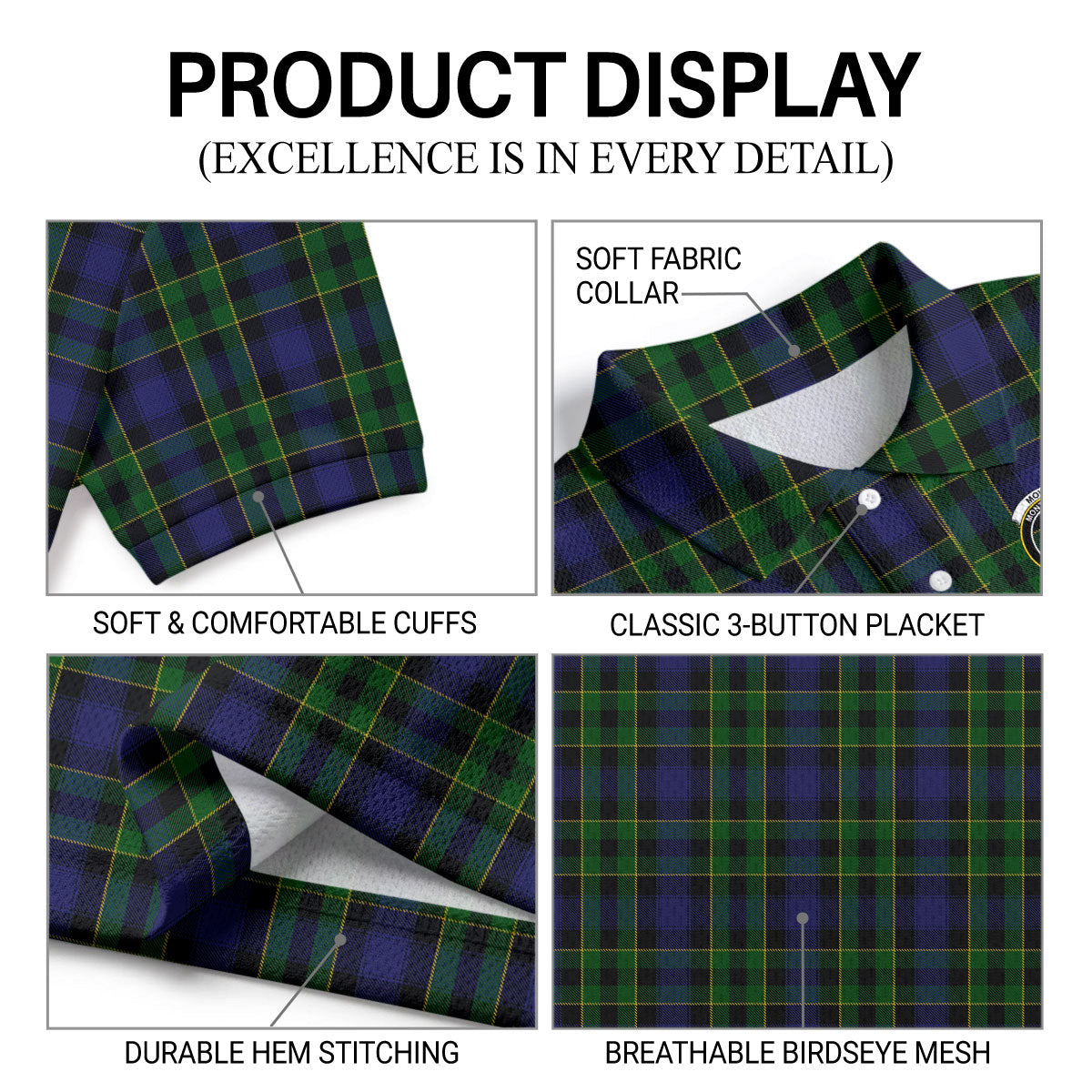 Mowat Modern Tartan Crest Birdseye Mesh Polo Shirt