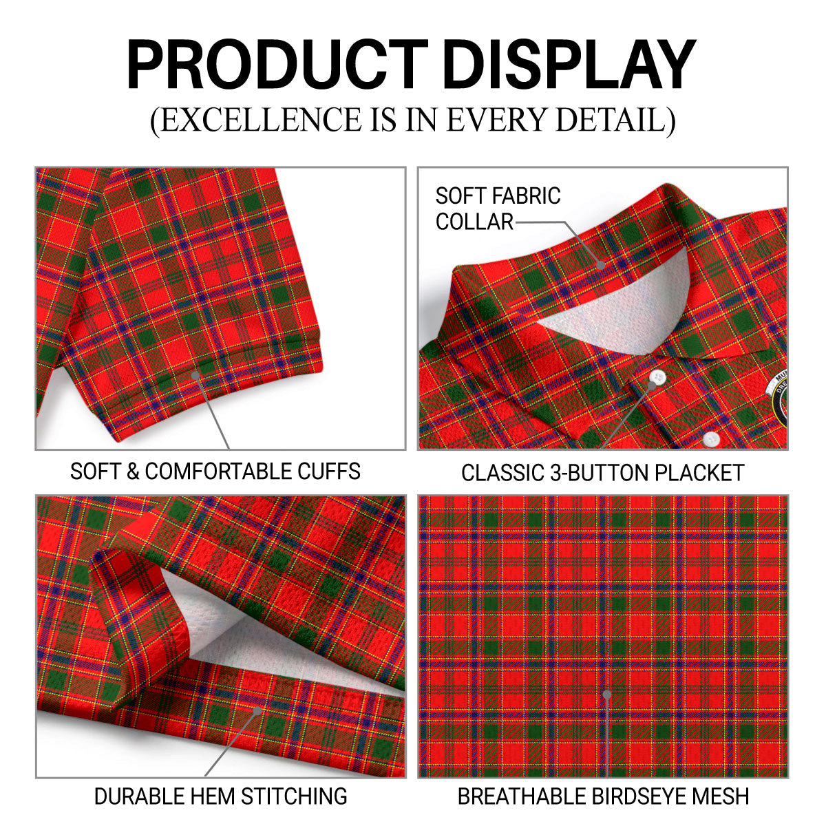 Munro Modern Tartan Crest Birdseye Mesh Polo Shirt