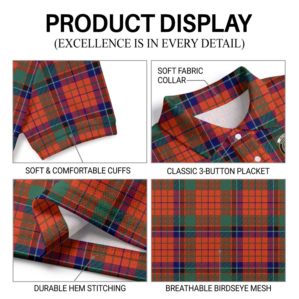 Nicolson Ancient Old Tartan Crest Birdseye Mesh Polo Shirt