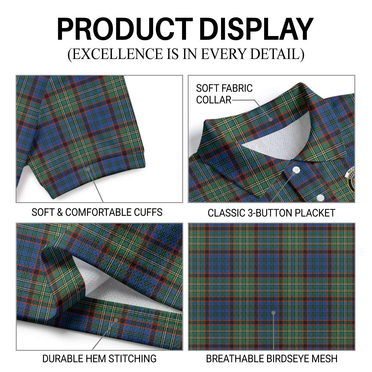 Nicolson Hunting Ancient Tartan Crest Birdseye Mesh Polo Shirt