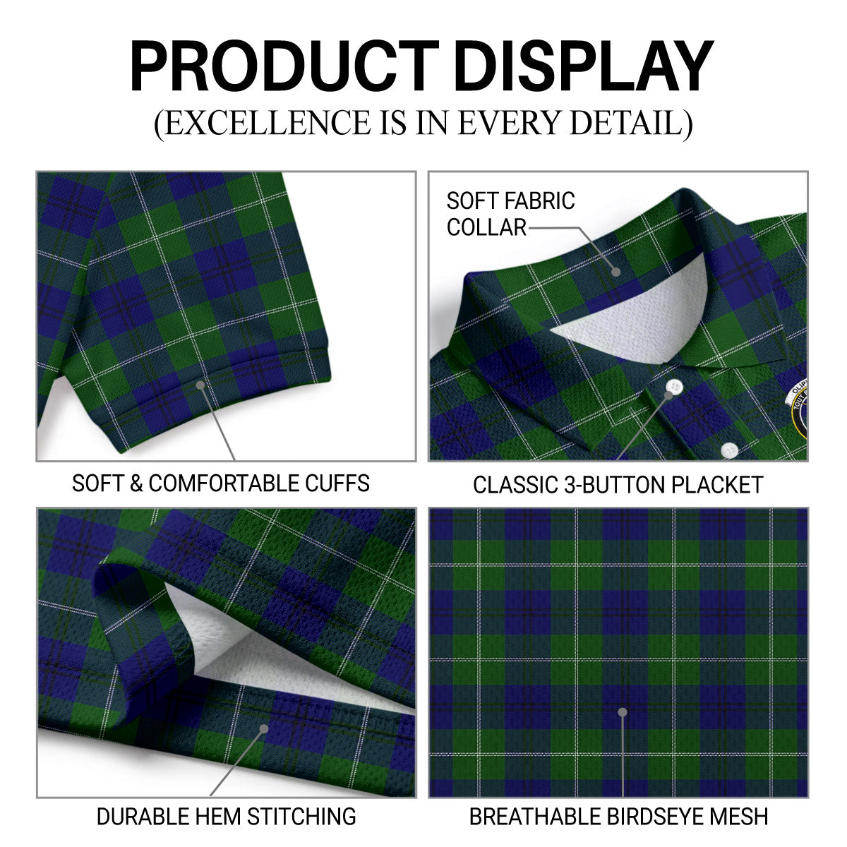 Oliphant Modern Tartan Crest Birdseye Mesh Polo Shirt