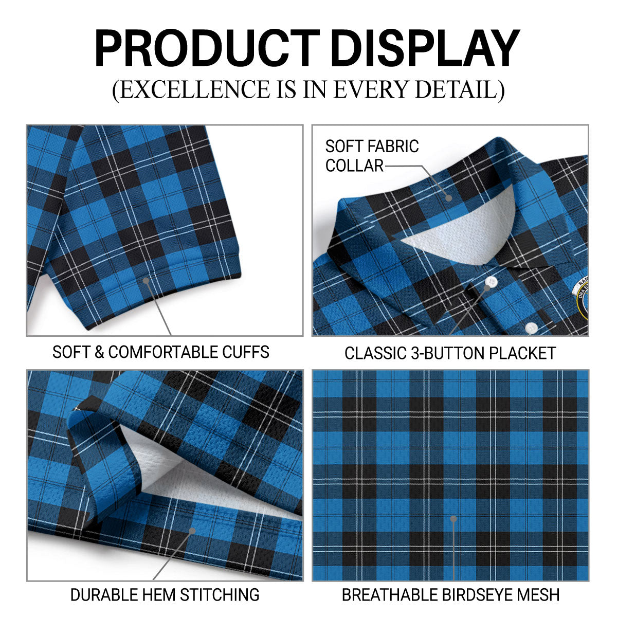 Ramsay Blue Ancient Tartan Crest Birdseye Mesh Polo Shirt