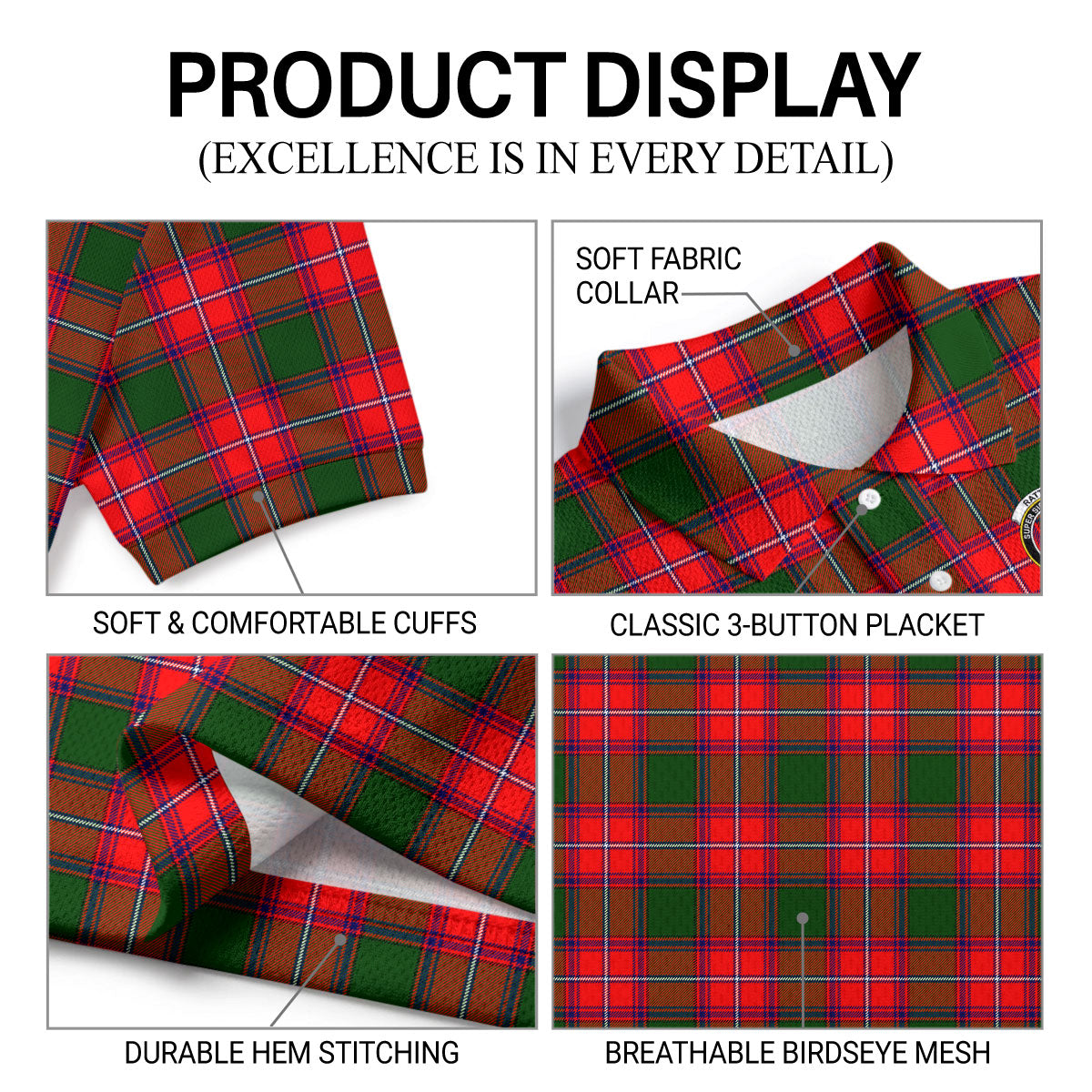Rattray Modern Tartan Crest Birdseye Mesh Polo Shirt