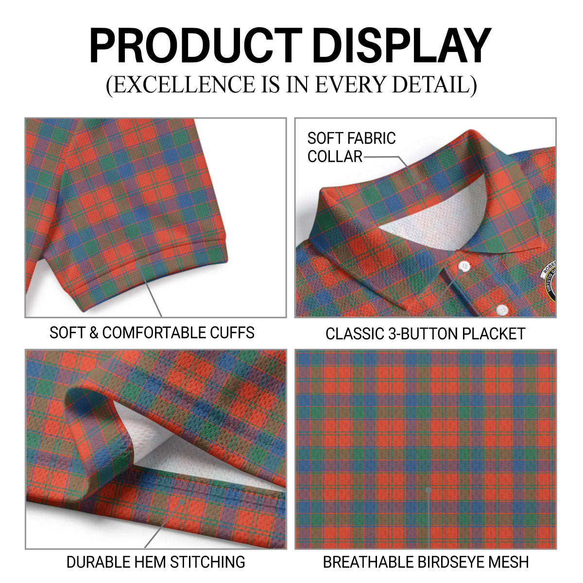 Robertson Ancient Tartan Crest Birdseye Mesh Polo Shirt