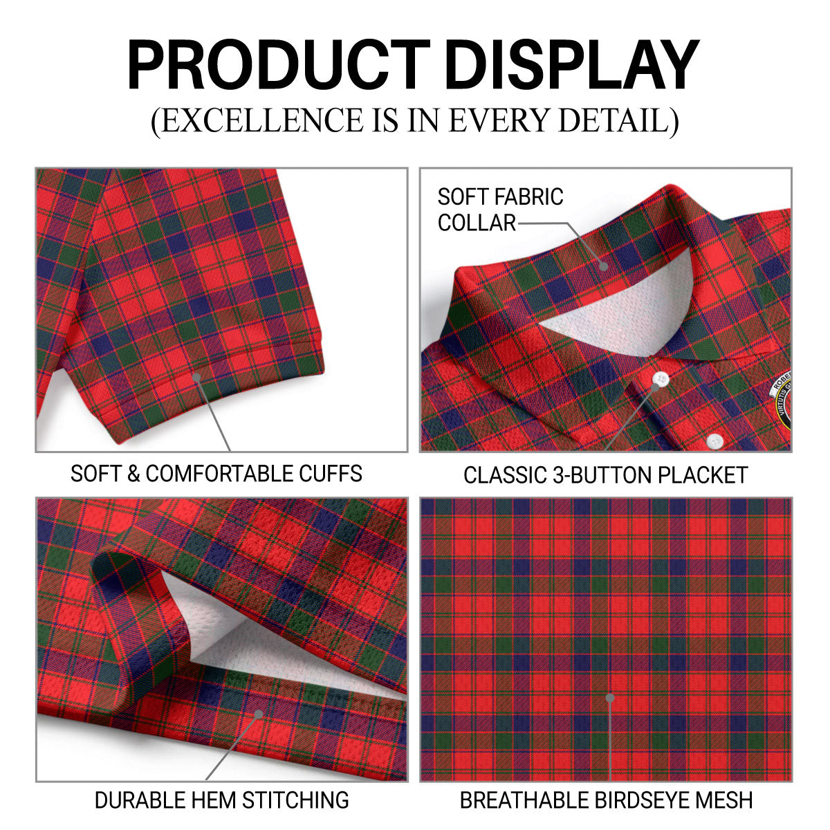Robertson Modern Tartan Crest Birdseye Mesh Polo Shirt