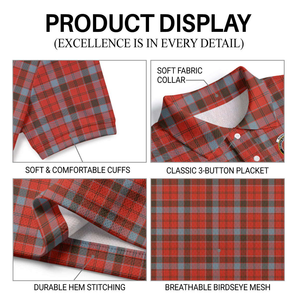 Robertson Weathered Tartan Crest Birdseye Mesh Polo Shirt