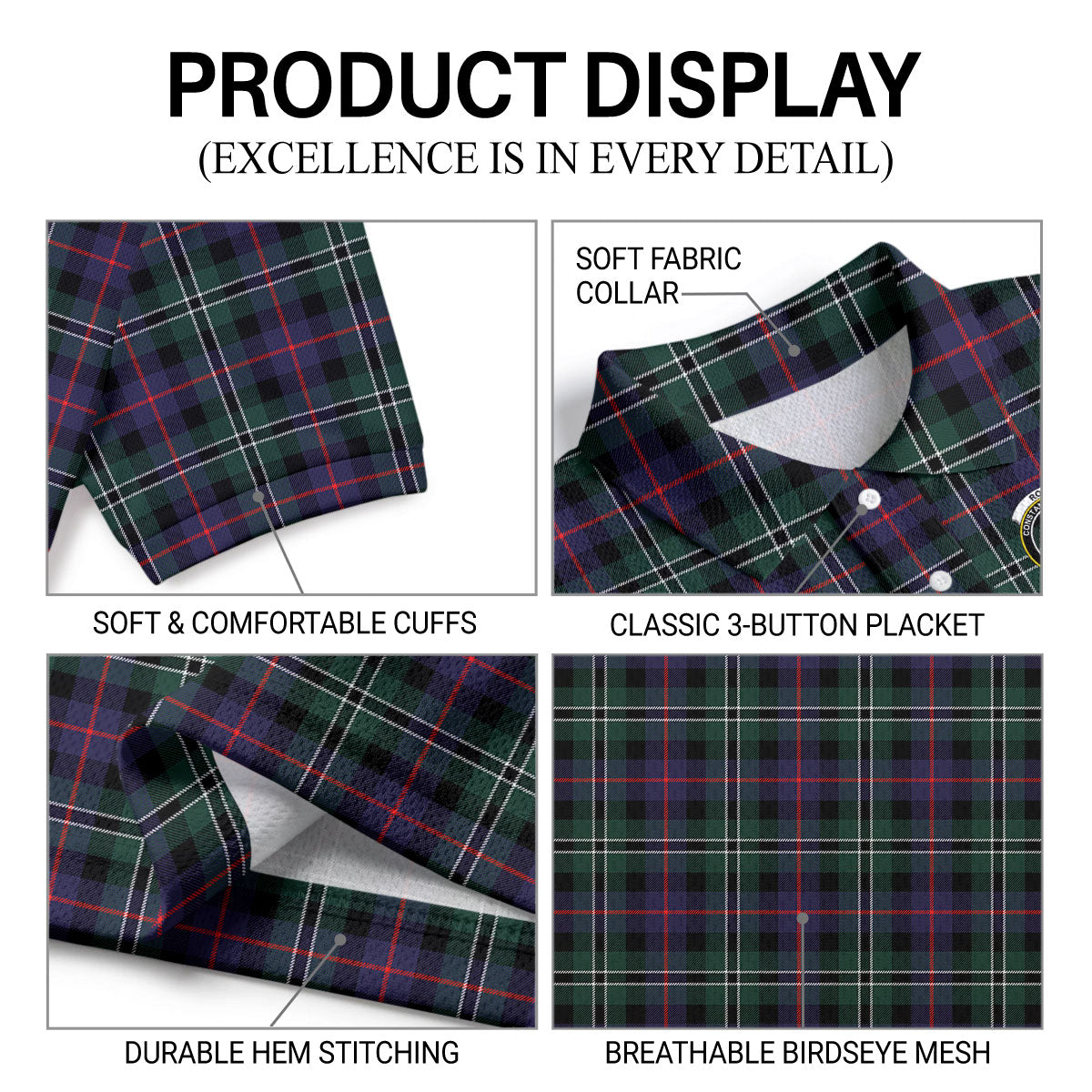 Rose Hunting Modern Tartan Crest Birdseye Mesh Polo Shirt