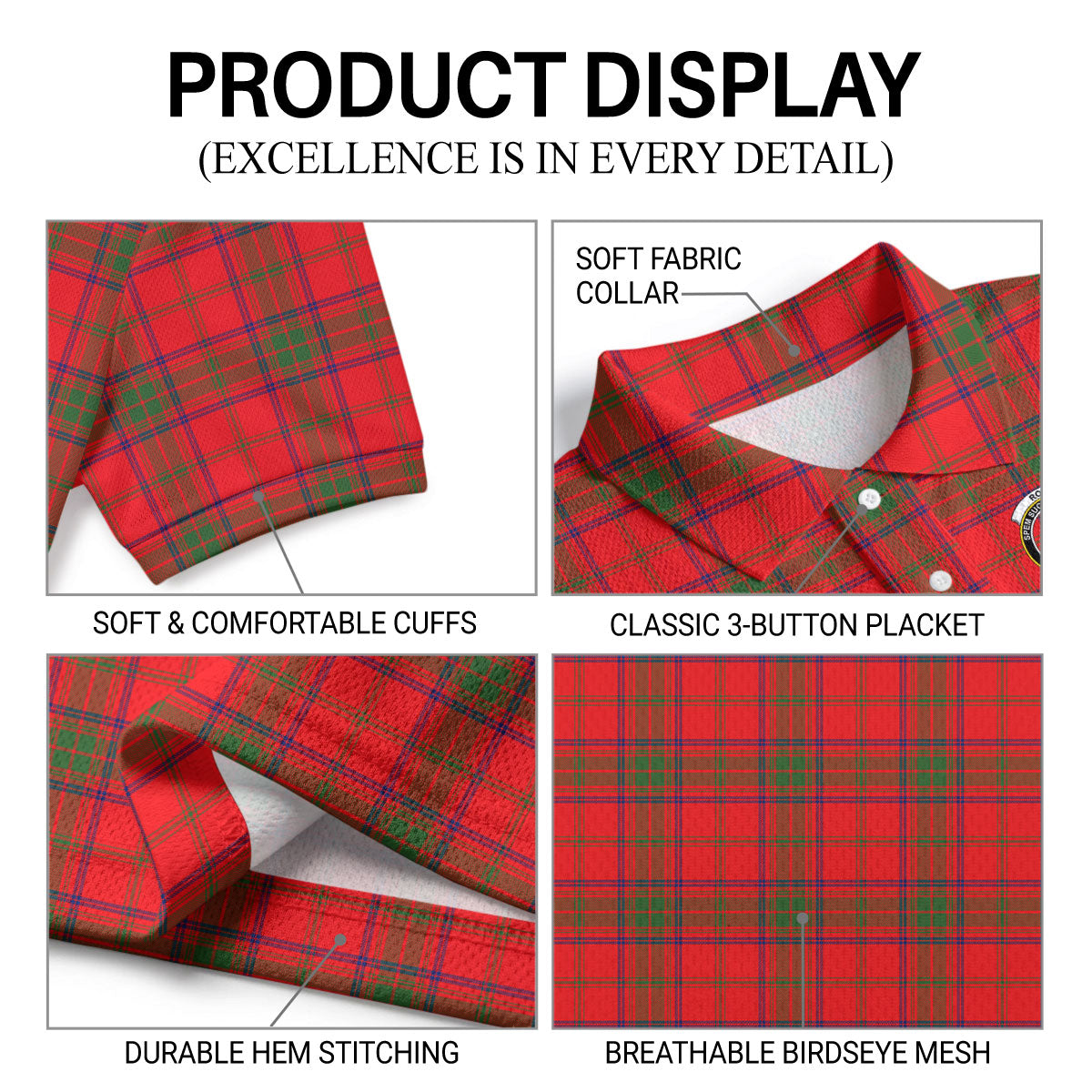 Ross Modern Tartan Crest Birdseye Mesh Polo Shirt