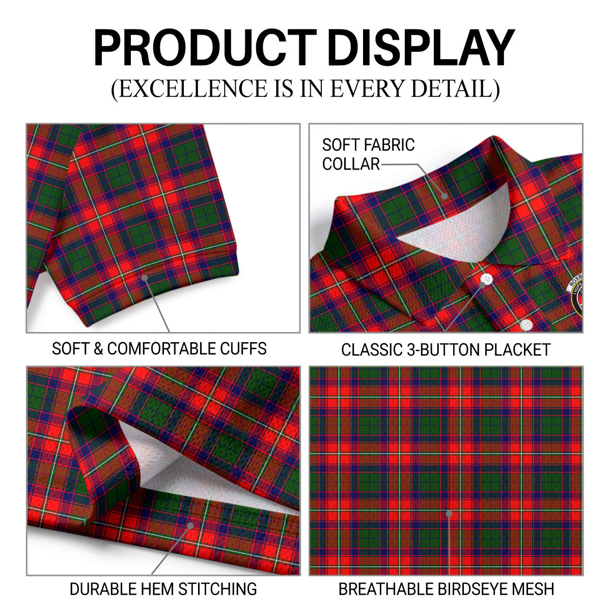 Roxburgh District Tartan Crest Birdseye Mesh Polo Shirt