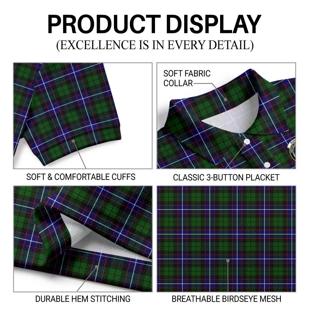 Russell Modern Tartan Crest Birdseye Mesh Polo Shirt