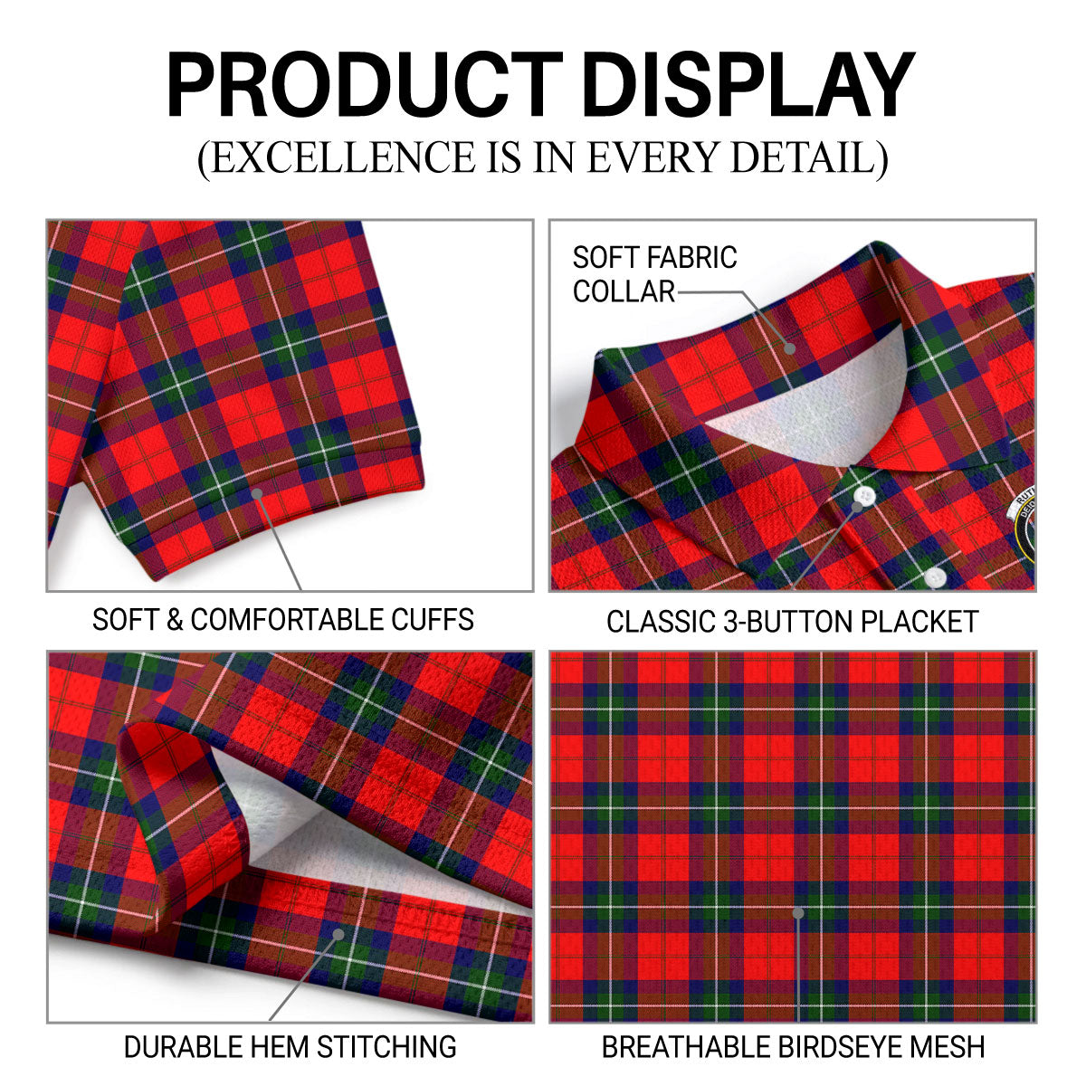 Ruthven Modern Tartan Crest Birdseye Mesh Polo Shirt