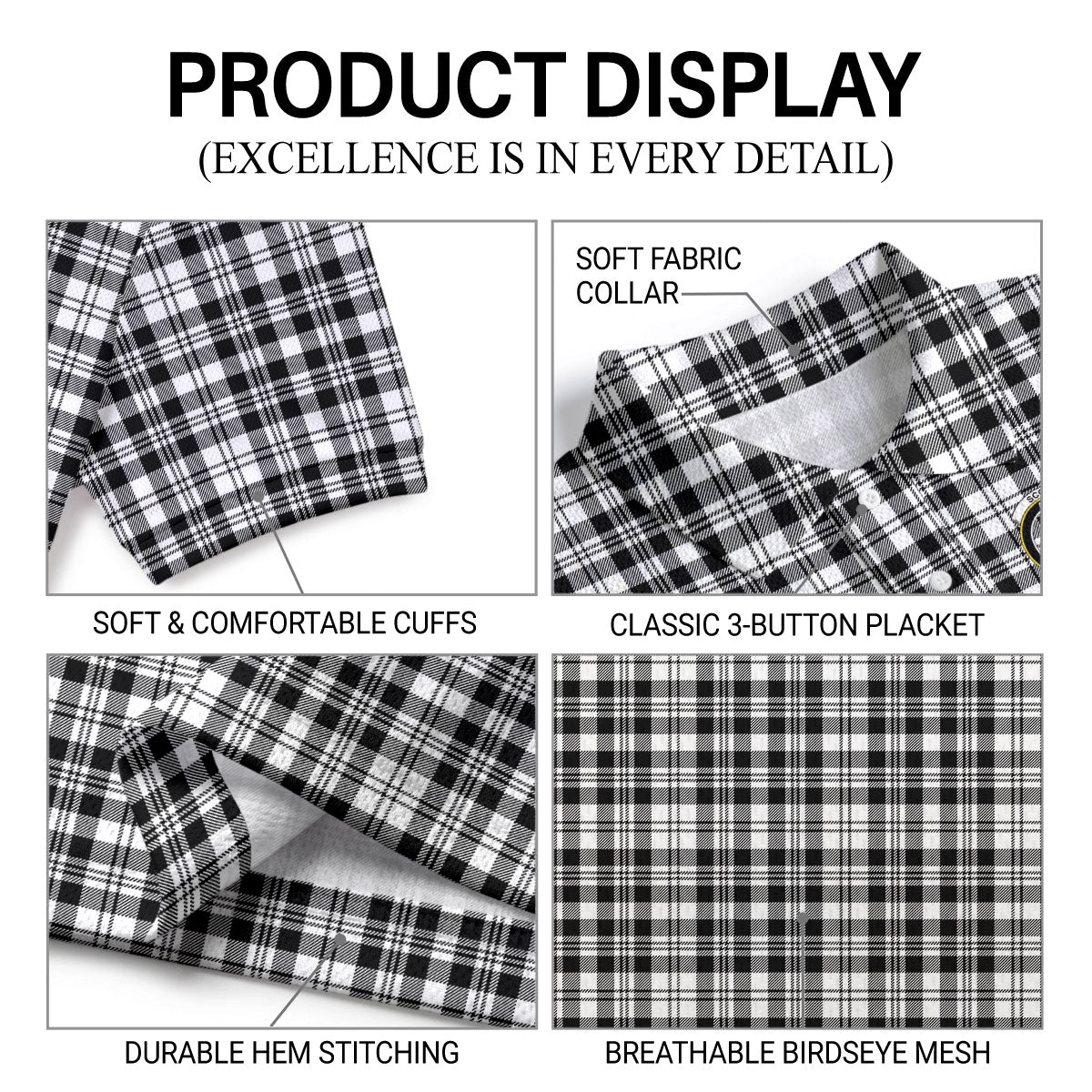Scott Black & White Modern Tartan Crest Birdseye Mesh Polo Shirt