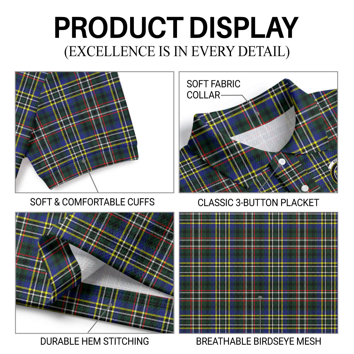 Scott Green Modern Tartan Crest Birdseye Mesh Polo Shirt