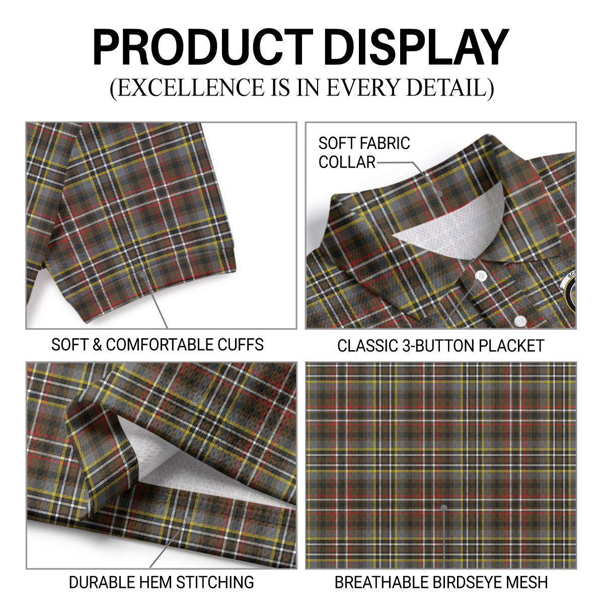 Scott Green Weathered Tartan Crest Birdseye Mesh Polo Shirt