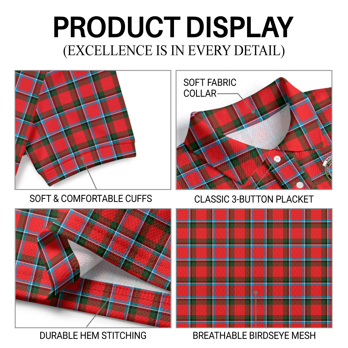 Sinclair Modern Tartan Crest Birdseye Mesh Polo Shirt