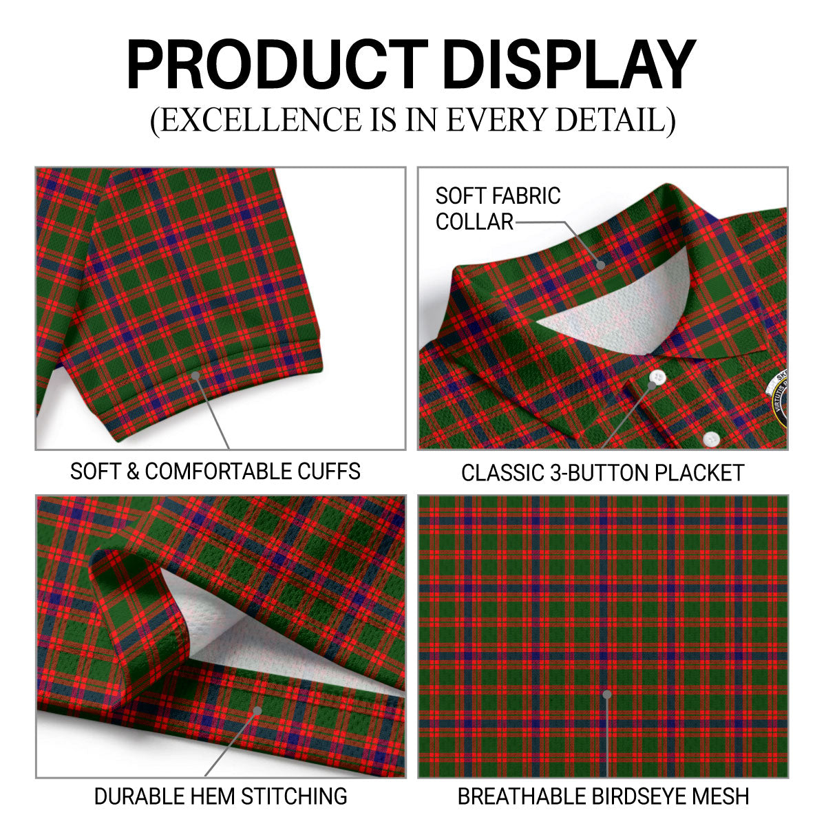Skene Modern Tartan Crest Birdseye Mesh Polo Shirt