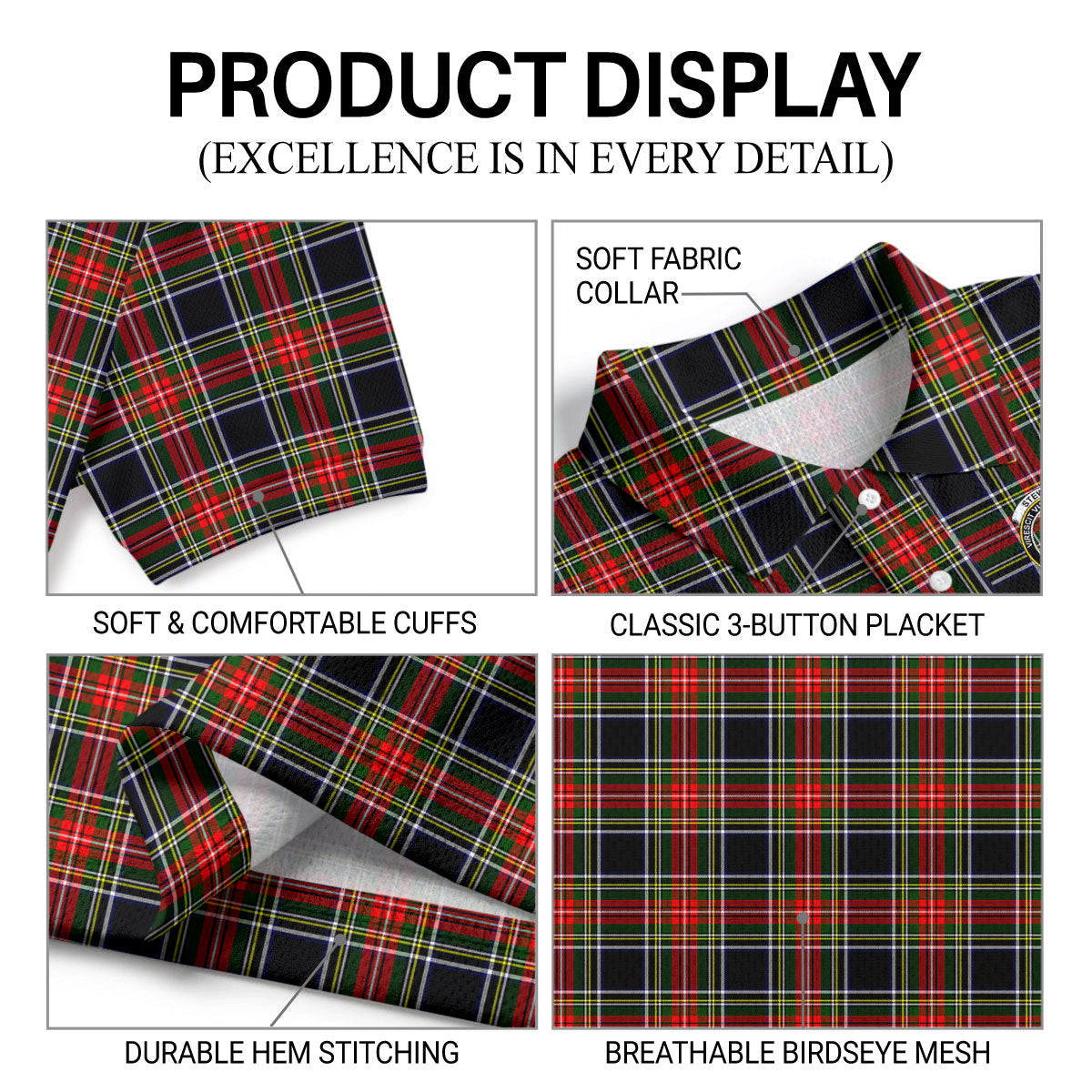 Stewart Black Tartan Crest Birdseye Mesh Polo Shirt