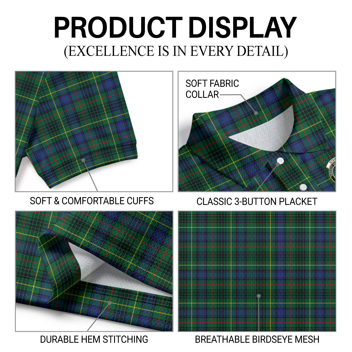 Stewart Hunting Modern Tartan Crest Birdseye Mesh Polo Shirt
