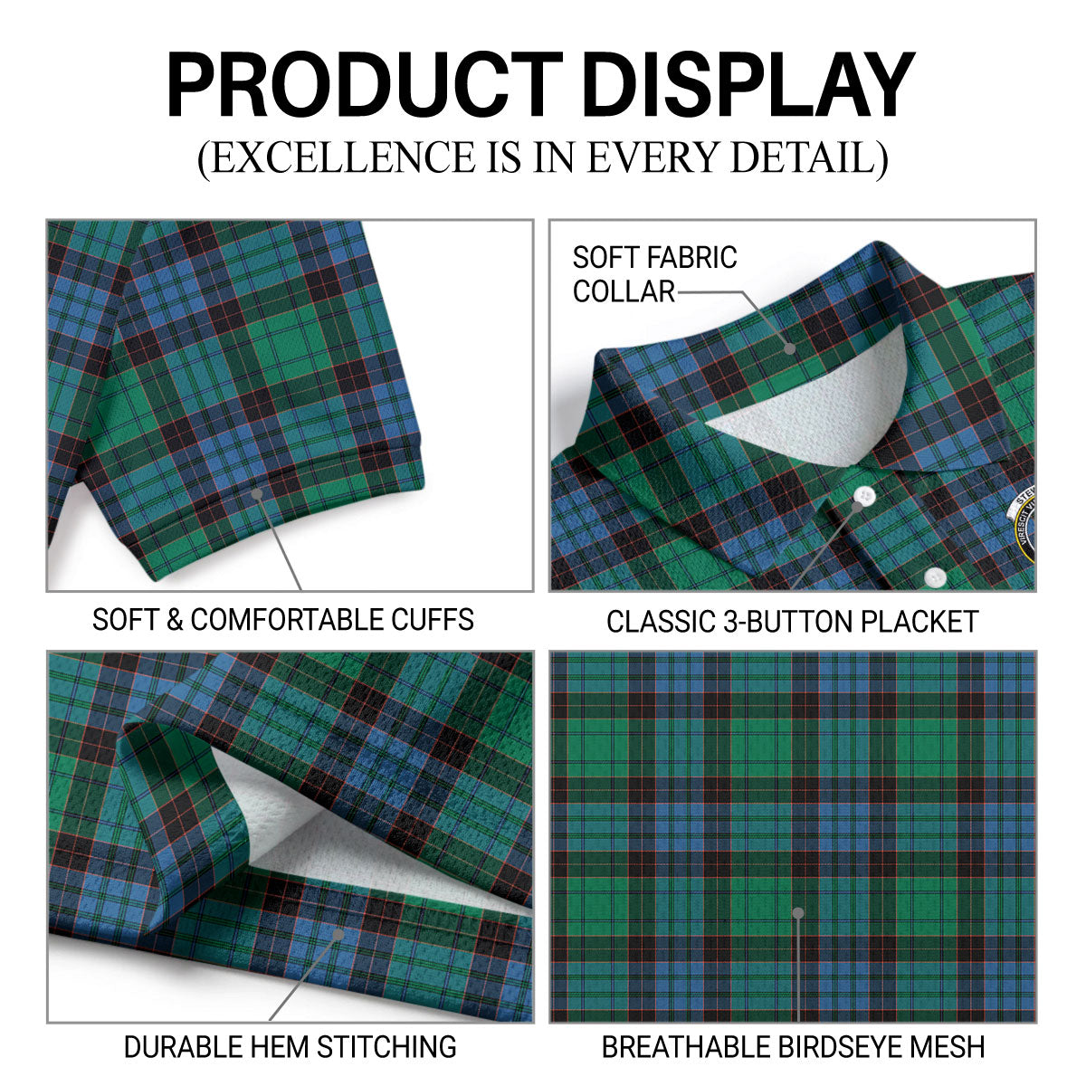 Stewart Old Ancient Tartan Crest Birdseye Mesh Polo Shirt