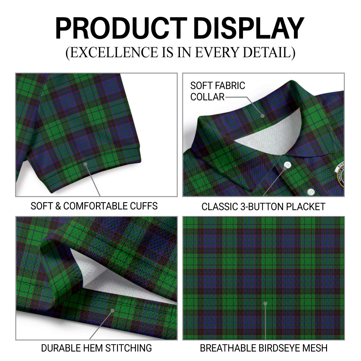 Stewart Old Modern Tartan Crest Birdseye Mesh Polo Shirt