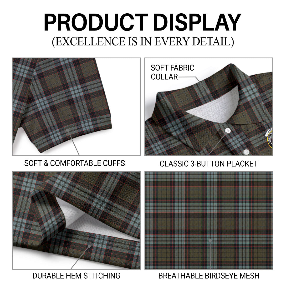 Stewart Old Weathered Tartan Crest Birdseye Mesh Polo Shirt