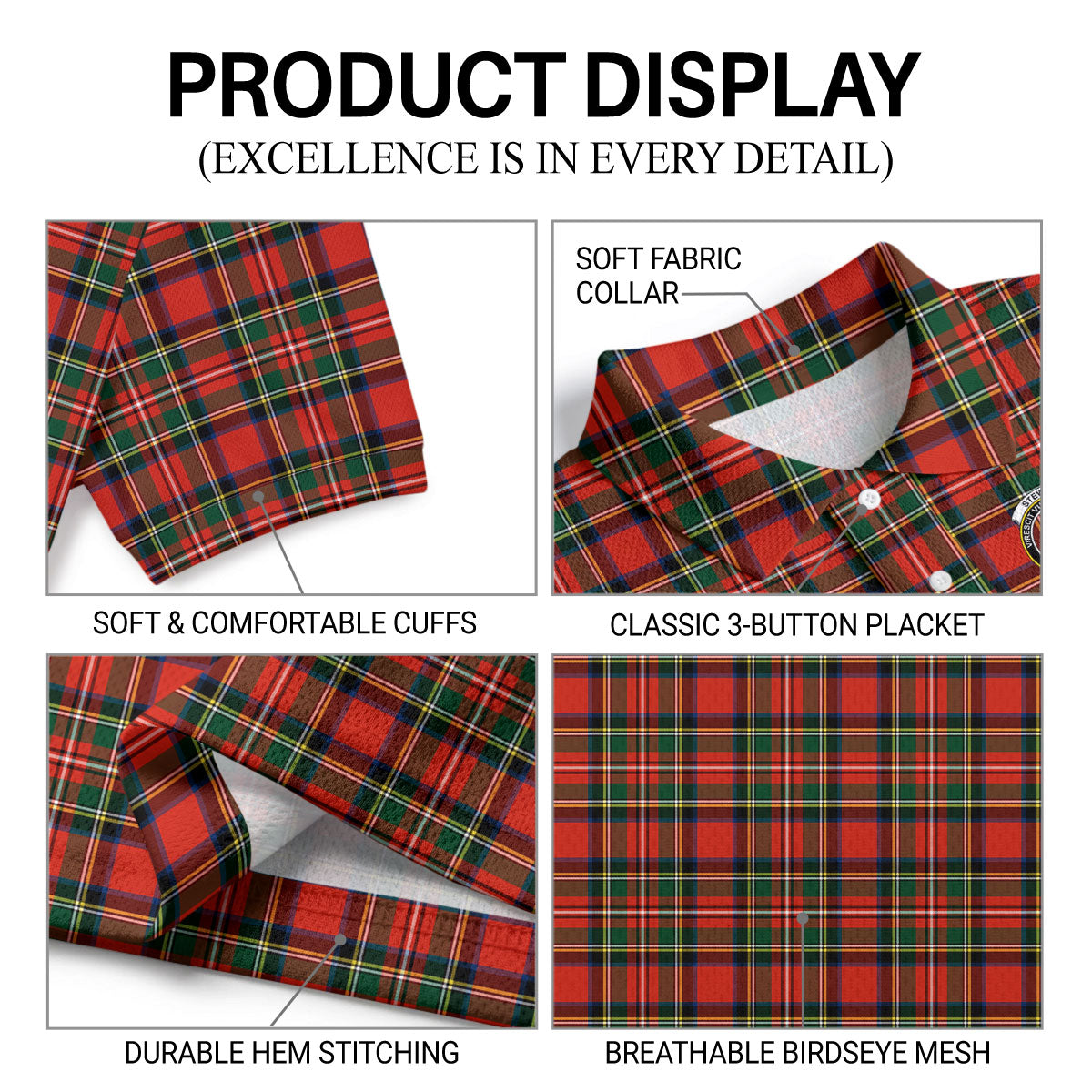 Stewart Royal Modern Tartan Crest Birdseye Mesh Polo Shirt