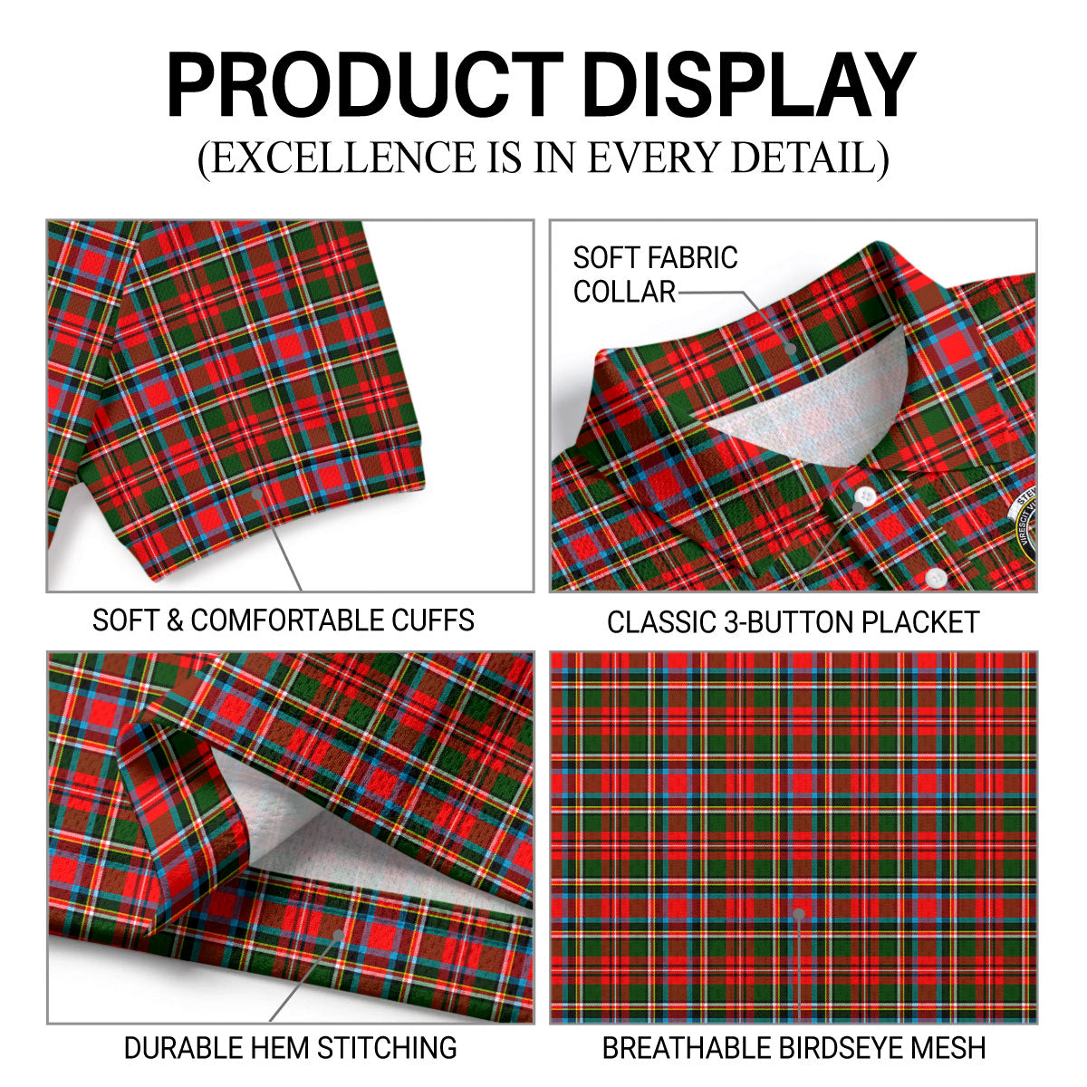 Stewart Royal Tartan Crest Birdseye Mesh Polo Shirt
