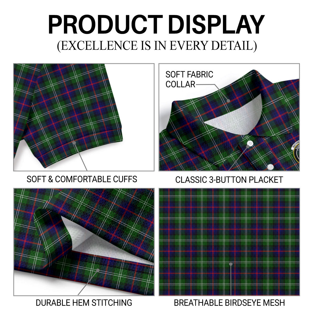 Sutherland Modern Tartan Crest Birdseye Mesh Polo Shirt